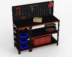 Стол-верстак Metalex 950х1000х500 (с бок. полками, перфопанелью и комп. аксессуаров) оранжево-чёрный