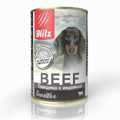Консервы BLITZ Sensitive Dog для собак Говядина с индейкой 400 г, (6 шт) Гипоаллергенный влажный корм, крупные породы, мелкие породы, Средний