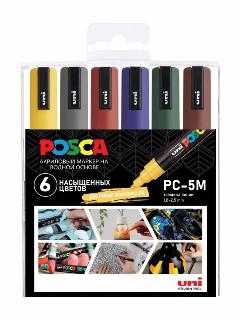 Набор маркеров POSCA PC-5M Насыщенные цвета, 6 цветов, толщина линии 1,8-2,5 мм, для рисования и творчества
