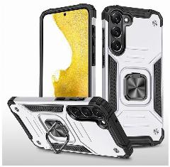 Противоударный чехол для Samsung Galaxy S23 SHOCKPROOF с магнитным кольцом-подставкой серебристый, черный