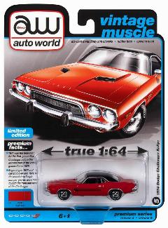 Машинка AUTO WORLD 1:64 1974 Dodge Challenger Rallye red diecast alloy car model gifts, 5x5 см
