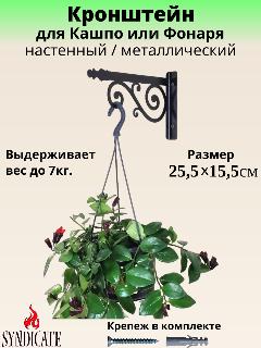 Держатель - Кронштейн для подвешивания кашпо/фонаря №1. Стальной. Черный. 25,5х2,5х15,5см., черный матовый