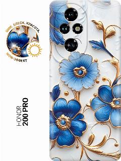 Силиконовый чехол на Honor 200 pro с принтом "Сине-золотые цветы", сине-золотые цветы, trn
