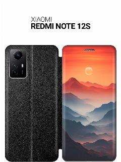 Чехол-книжка на Xiaomi Redmi Note 12s с принтом "Луна над горами" черный, луна над горами, черный