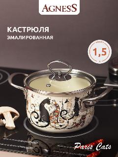 Кастрюля эмалированная Agness 1,5 литра "Парижские Коты" для всех видов плит, диаметр 16 см, парижские коты №3