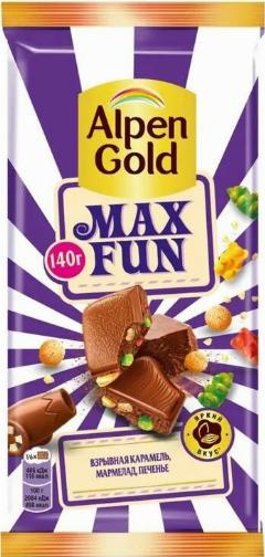 Шоколад Alpen Gold Max Fun молочный со взрывной карамелью мармеладом и печеньем
