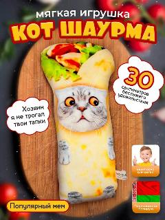 Мягкая игрушка Кот Шаурма / 30 см / плюшевый котик в подарок для мальчика и девочки, кот шаурма 30 см