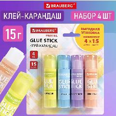 Клей-карандаш канцелярский для бумаги и картона 15 г Brauberg Pastel, 4 штуки, Pvp основа, 271250