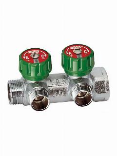 Регулирующий проходной коллектор FAR FK 3821 3412TP 3/4" (ВР-НР) 2 отвода 1/2" под плоское уплотнение