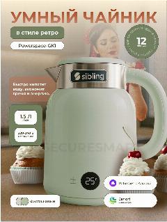 Sibling Умный электрический чайник с Алисой, с регулировкой температуры, по Wi-Fi, Powerspace-GK2, светло-зеленый, оливковый, 222.60 × 162.3 × 262 мм