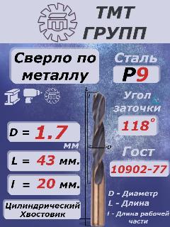 Сверло по металлу, цилиндрический хвостовик, ц/х, 1.7 Р9 ТМ*, светло-желтый