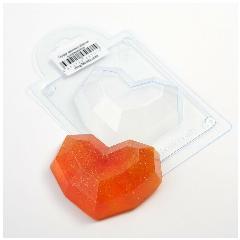 Сердце граненое - формочка пластиковая для изготовления мыла, шоколада и гипсовых отливок, прозрачный