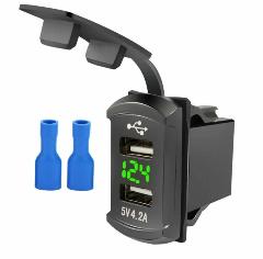 Разъем USB в авто (врезной)+вольтметр 12v-24v 2-USB (прямоугольный) 4.2А (2.1А+2.1А) 2USB врезная розетка квадратная зеленая в машину.