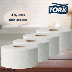 Туалетная бумага Tork Mini Jumbo, Advanced, в рулонах, система T2, 170 м, 2 сл, белая, 4 рулона (арт: 120231)