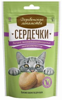 Деревенские лакомства "Сердечки" Баланс микроэлементов для кошек пакет, 30 гр