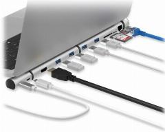 Док-станция Rombica Type-C Dock, USB 3.0 x 4, Type-C PD, HDMI, LAN, картридер, алюминий, серебристый