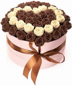 Подарок последний звонок шоколадные съедобные сладкие розы 51 шт. CHOCO SFERA в Розовой Шляпной коробке SH51-R-SHB-S