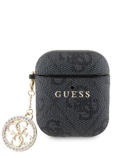 Guess для Airpods 1/2 чехол PU leather 4G with metal logo and Diamond charm Black