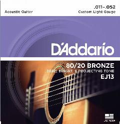 Струны для акустической гитары, комплект из 6 струн, бронзовые, Custom Light, D'Addario EJ13 BRONZE 80/20 11-52, 4/4