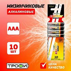 Батарейки ААА LR03 мизинчиковые алкалиновые Трофи LR03-10BL для телефона, весов, игрушек, звонка, пульта / Элементы питания 1,5 В, 1200 мАч 10 штук, серебристый, 44,5х10,5х10,5