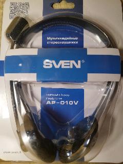 Наушники с микрофоном SVEN AP-010MV (в упаковке AP-010V), проводные, 2м, с оголовьем, серебристый, черный
