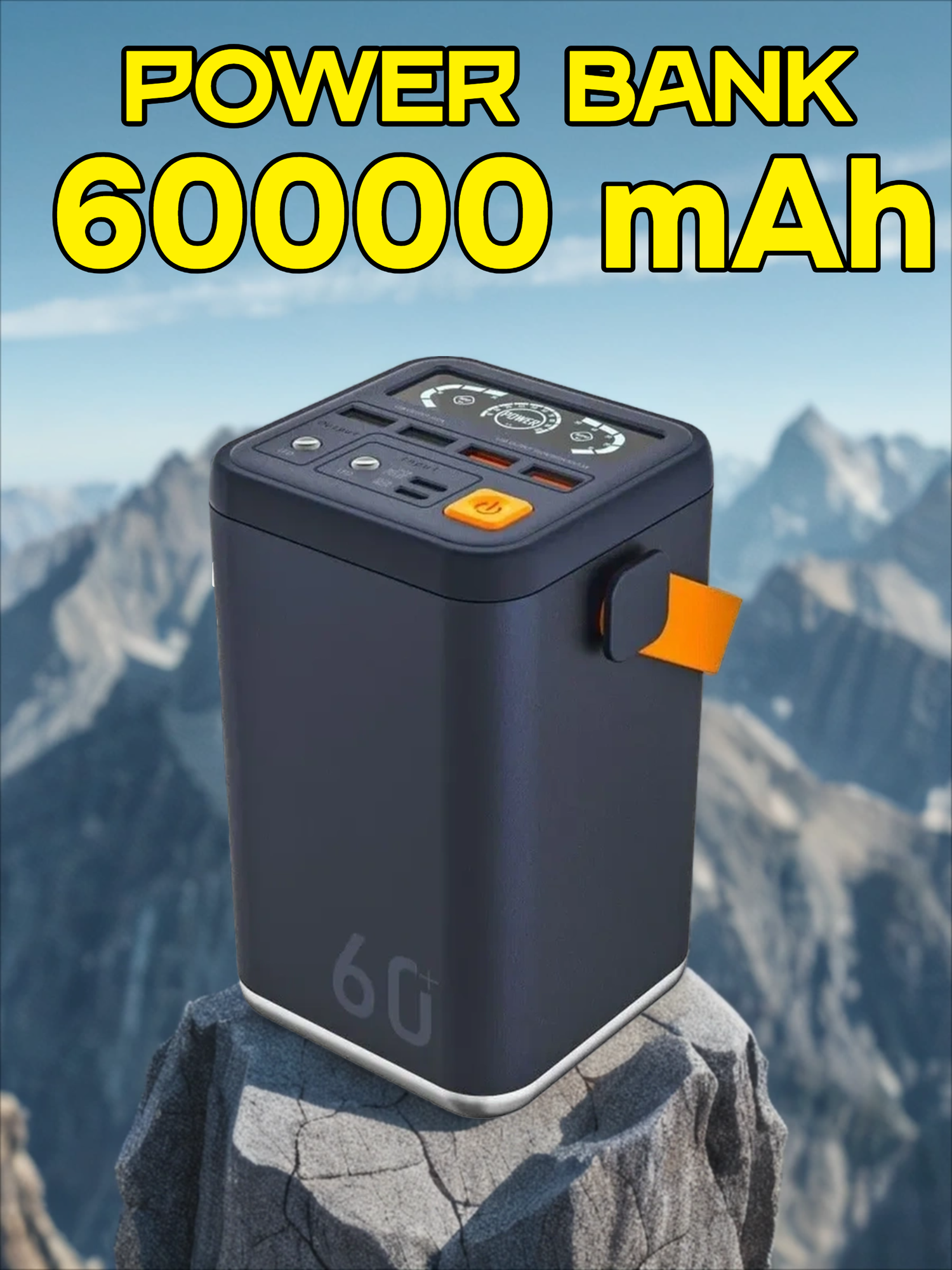 Внешний аккумулятор Energy, повер банк (power bank) большой ёмкости 60.000mAh с 4-мя USB-выходами, дисплей, фонарик, черный