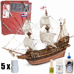 Модель парусного корабля OcCre (Испания), Пиратский галеон Golden Hind, 170 часов, М.1:85, подарочный набор для сборки с инструментами, красками, лаком и клеем
