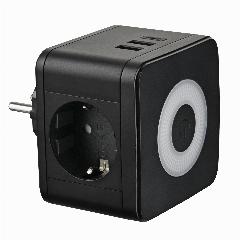 Тройник для розетки КУБ, разветвитель с USB и Type-C, ночник., черный