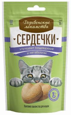 Деревенские лакомства "Сердечки" Для пищеварения и метаболизма для кошек пакет, 30 гр