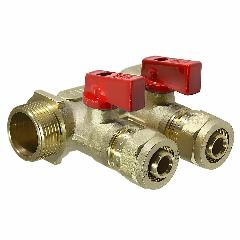 Коллектор с шаровыми кранами 1" x 1/2"-(16 мм цанга) - 2 выхода, красные и синие ручки TIM 200-1(2)-16, бронза, красный, синий